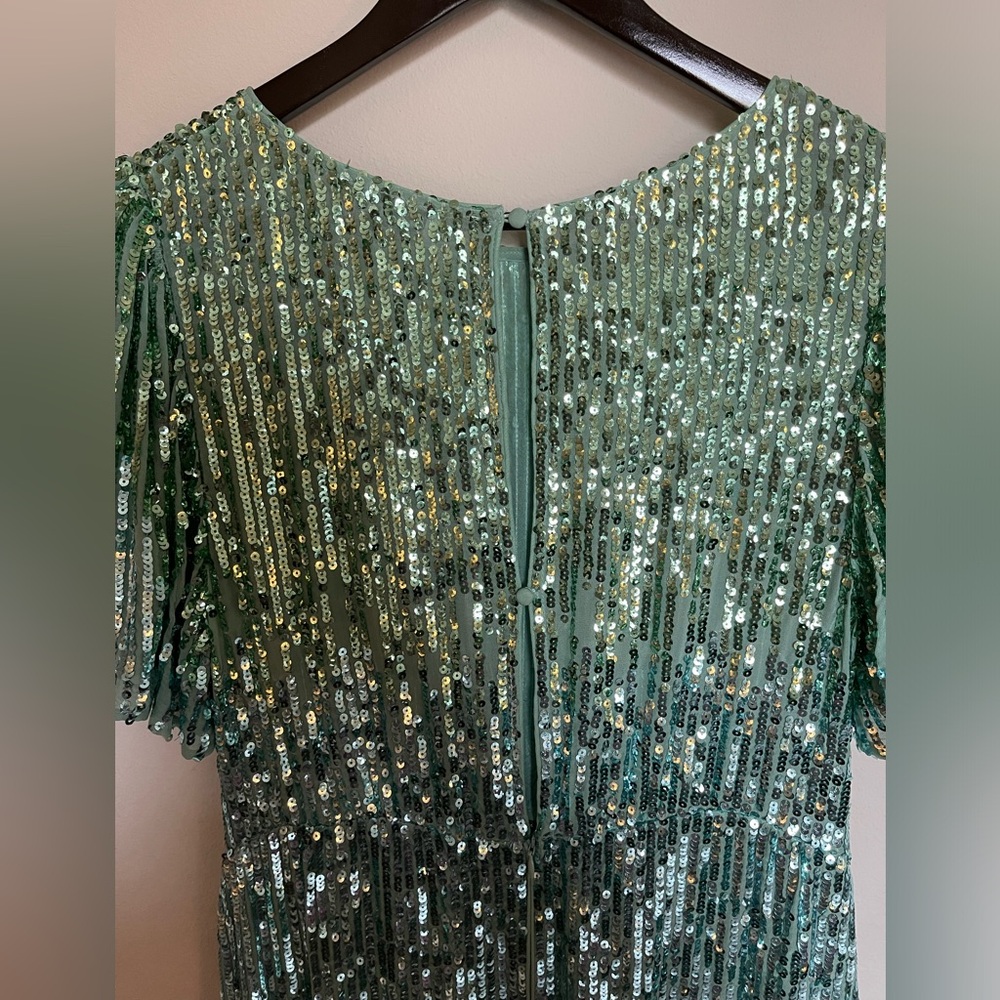 Rixo Sequin Ombré Aqua Turquoise Green Flutter Sleeve Midi Dress Gown - Picture 10 of 10